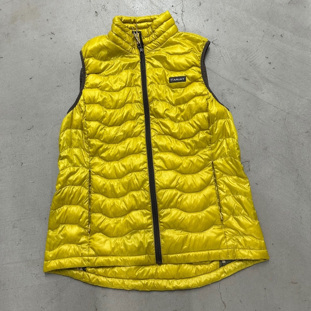 Ariat Ideal Down Vest Womens Large Yellow Camo Lining Puffer Equestrian Packable